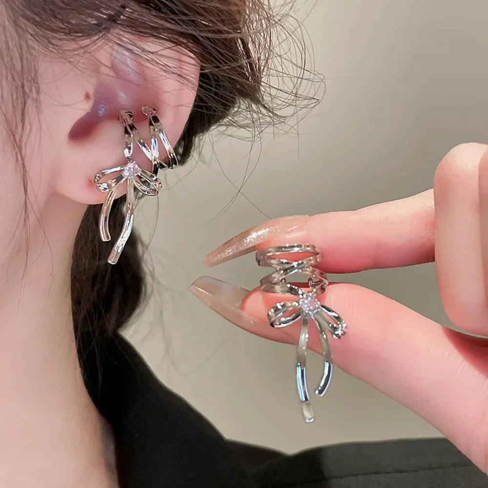 Light Luxury Tie Bow Ear Clip Lace Up Metal Metal Clip Non-Piercing Cuff Earrings Female