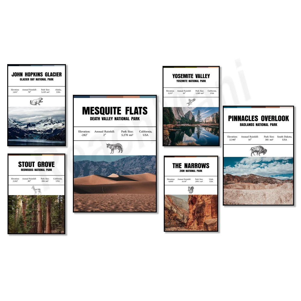 Fjords de Kenai, Bay Glaciar, Yosemite, Badlands, Valle de la Muerte, Guadalupe, Sequoia, Zion, Poste del Parque Nacional del Estado del Valle del Monumento