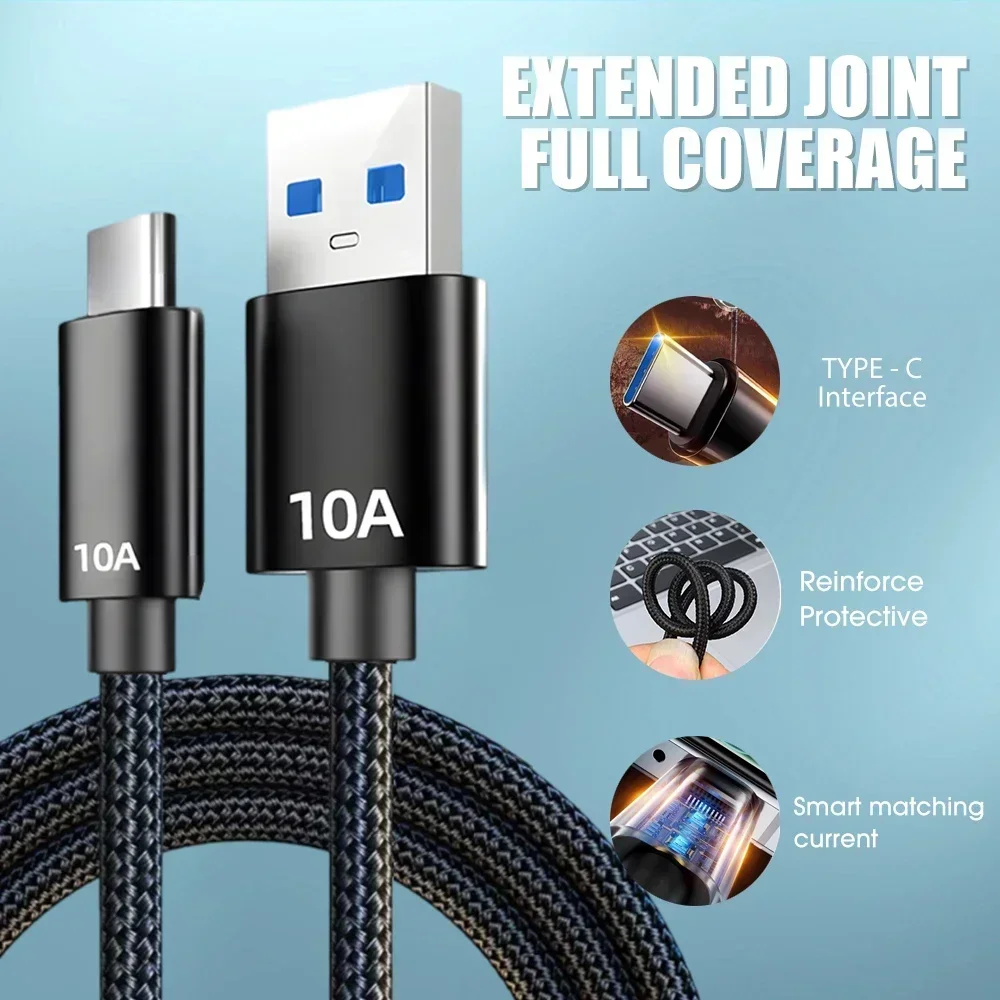 Universal 10A 120W USB Type C Fast Charging Data Cable for Huawei Type-C Mobile Phone Braided Data Cord for Xiaomi Charge Cables