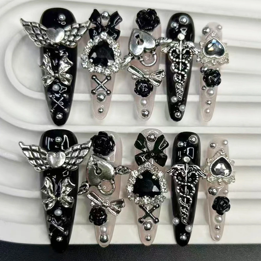 10 Uds. Uñas postizas Jirai Y2K negras y rosas de punta larga, hechas a mano, con diseño de arte de uñas oscuro, lazo 3D, cruz, planeta, rosa, uñas postizas lindas y kawaii.