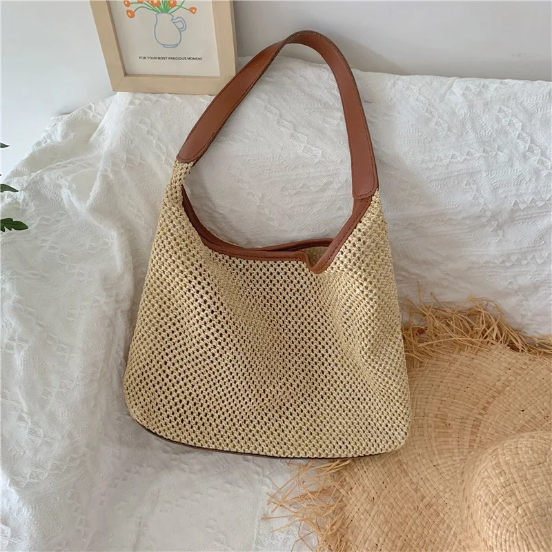 Bolso de mano tejido a mano para mujer, bolso de mano Retro, bolso de paja trenzado, de gran capacidad bolso de hombro, nueva moda