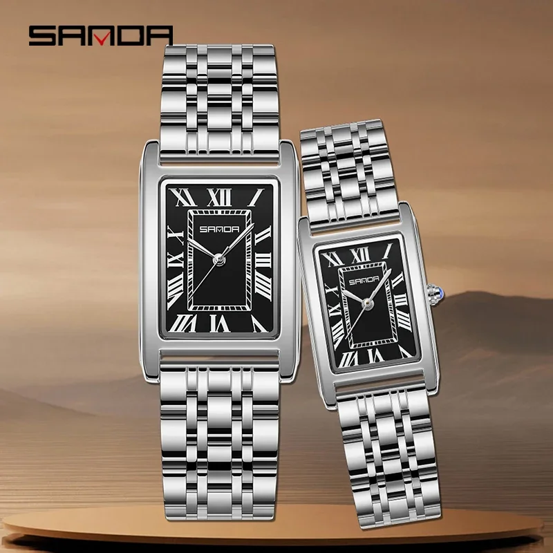 SANDA Fashion Couple Tank Watch Elegant Design Rectangular Dial Waterproof Quartz Movement Stainless Steel Business Lovers Watch