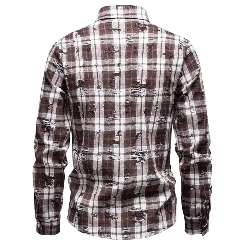 Men's Autumn Casual Long Sleeve Shirt Fashion Checkered Old Tattered Shirts Plaid Daily Nightclub Top