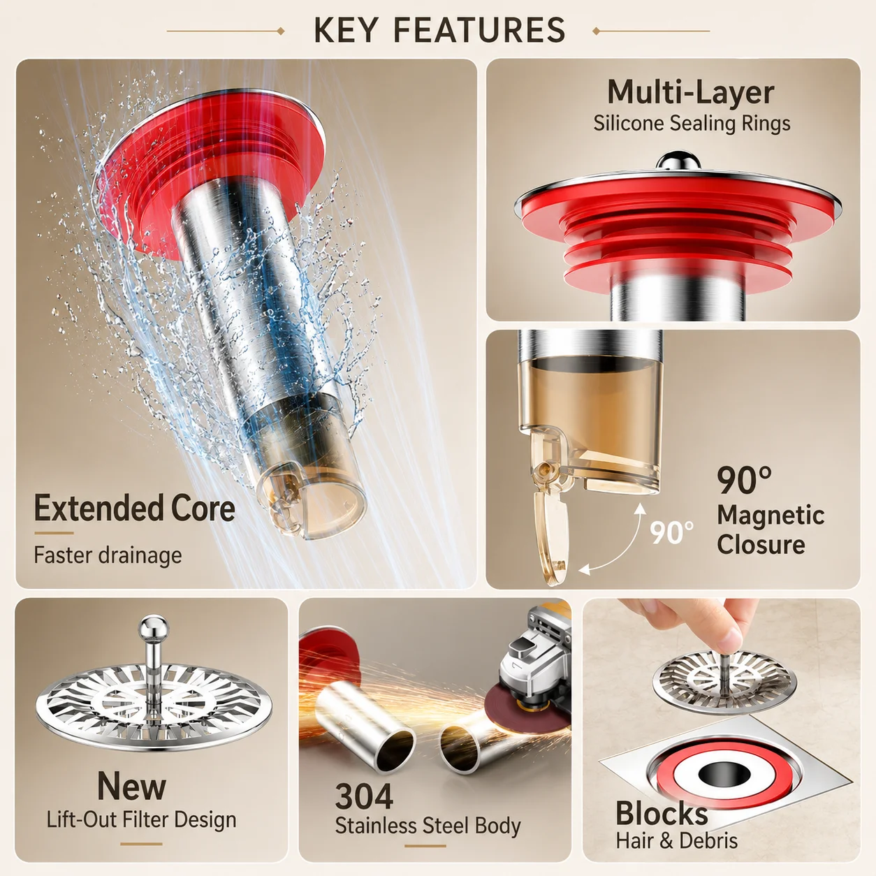 

Stainless Steel Floor Drain Core 25mm 30mm Long Extension Tube Anti Odor Magnetic Backflow Preventer