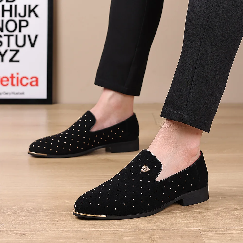 Popular Men Suede Leather Driving Shoes Black Blue Slip On Rivet Trend Summer Men Leather Loafers Drop Shipping