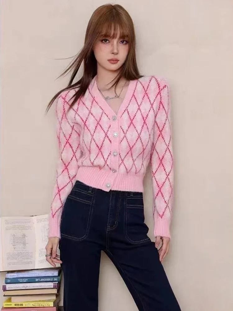 2024 Spring Vintage Pink Argyle Knitted Cardigan Sweater Women Korean Fashion V-neck Long Sleeve Soft Knitwear Tops Mujer Jumper