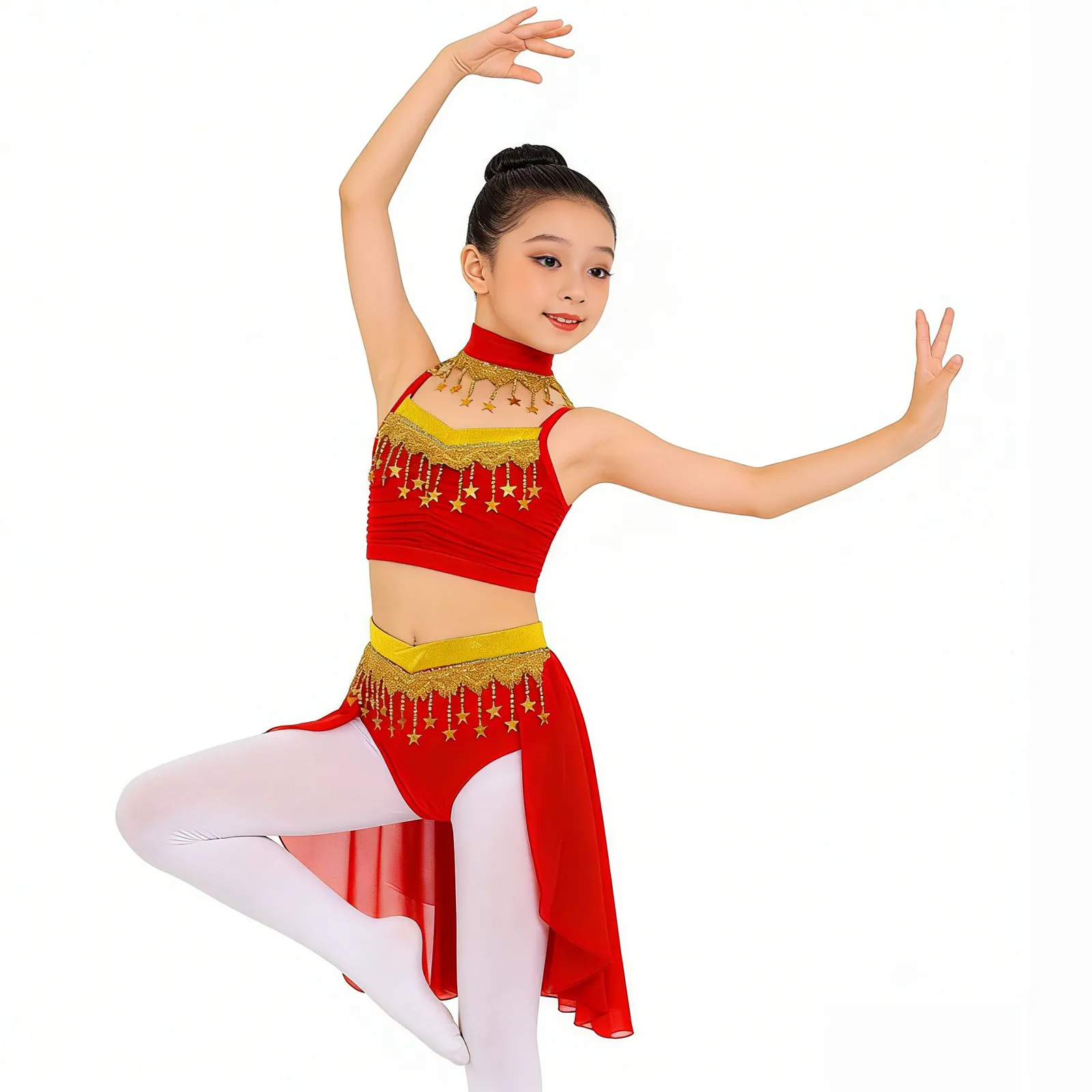 

Kids Girls Shiny Star Sequin Bellywood Oriental Belly Dance Costumes Set Tassels Indian Ruched Crop Top Skirt Belly Dance Outfit