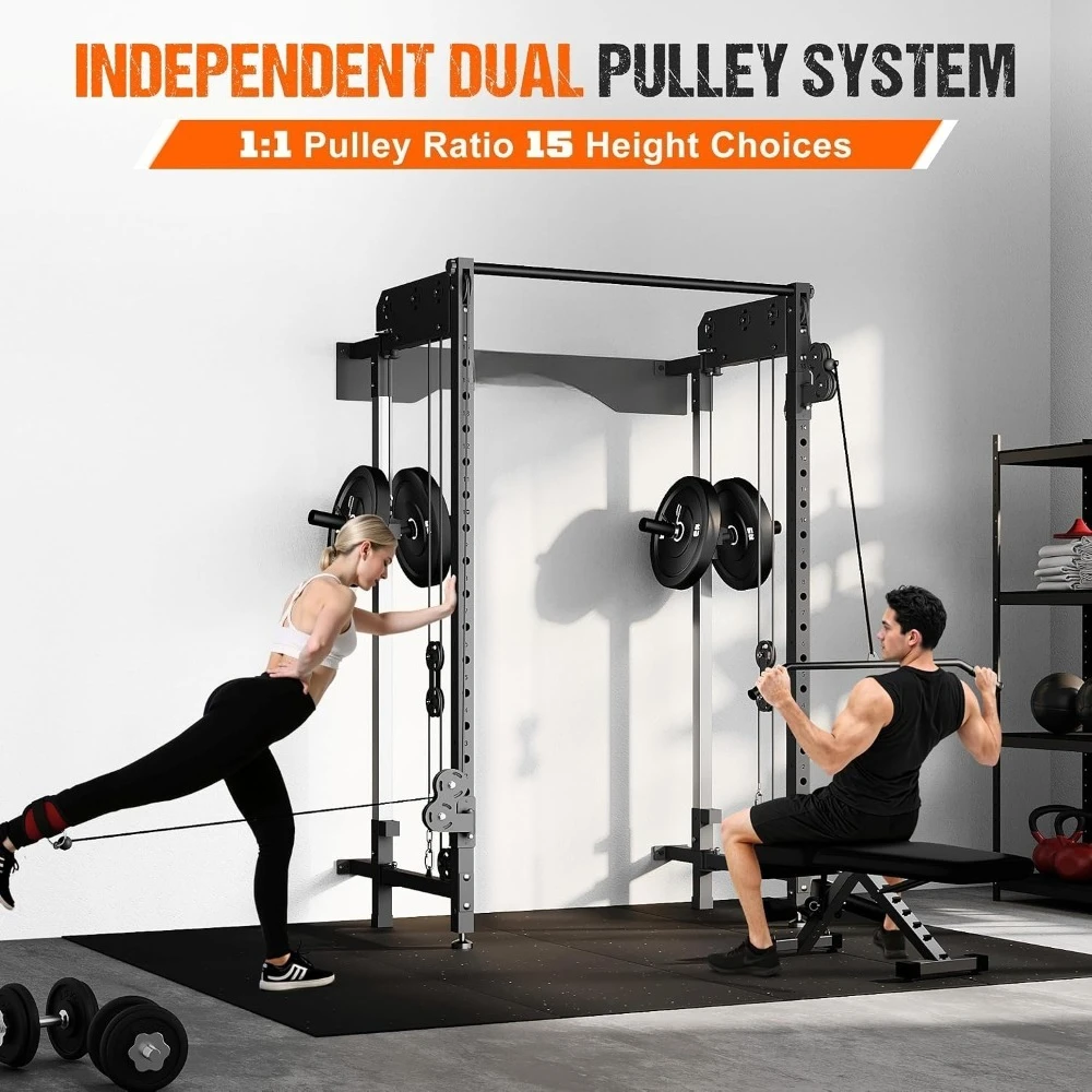 Wall Mounted Folding Squat Rack with Dual Pulley System, 5 Adjustable Modes Functional Trainer for Home Gym Space Saving, Custom