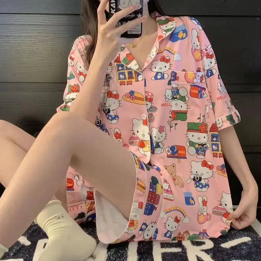 

Hello Kitty Pajamas Set Sanrioed Cartoon Kuromi Cinnamoroll Women Cotton Summer Thin Tops Shorts Anime Kawaii Girls Student Cute