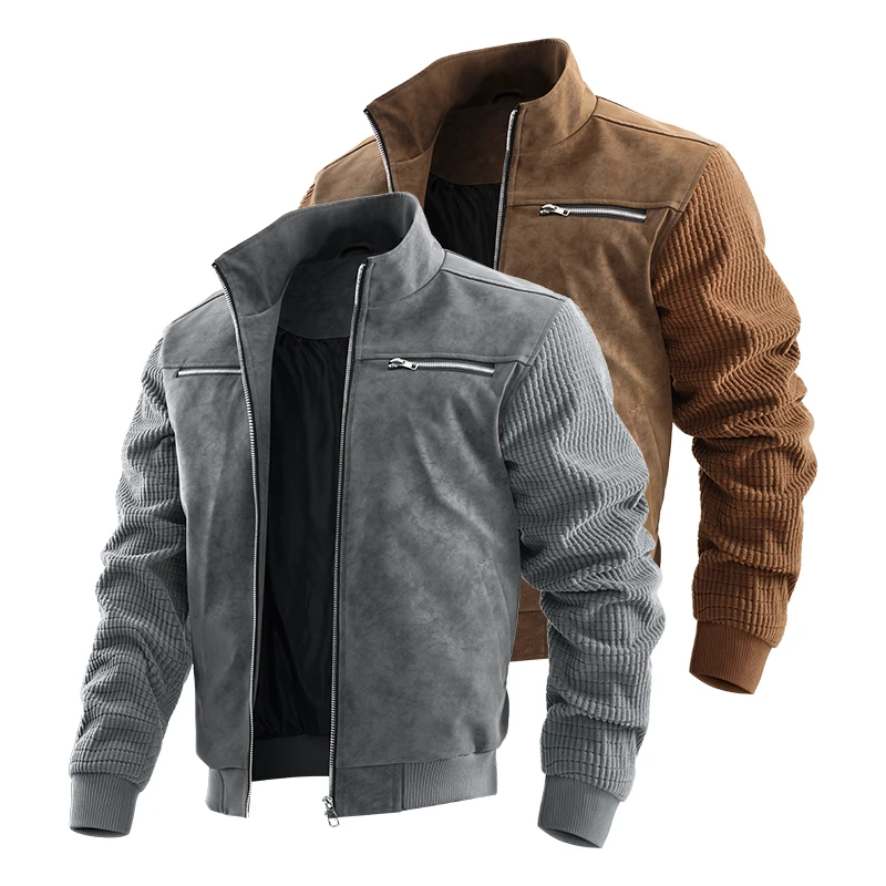 

Мужская модная универсальная куртка весна 2026: повседневное кожаное пальто с вельветовыми вставками, приталенный крой, длинный рукав, полиэстер