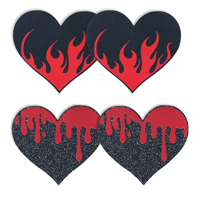 10 أزواج غطاء الحلمة أسود أحمر النار الدم طباعة شكل قلب الساتان Gleit المتاح تنفس الشريط تراكب الصدرية الحلمة ملصقات