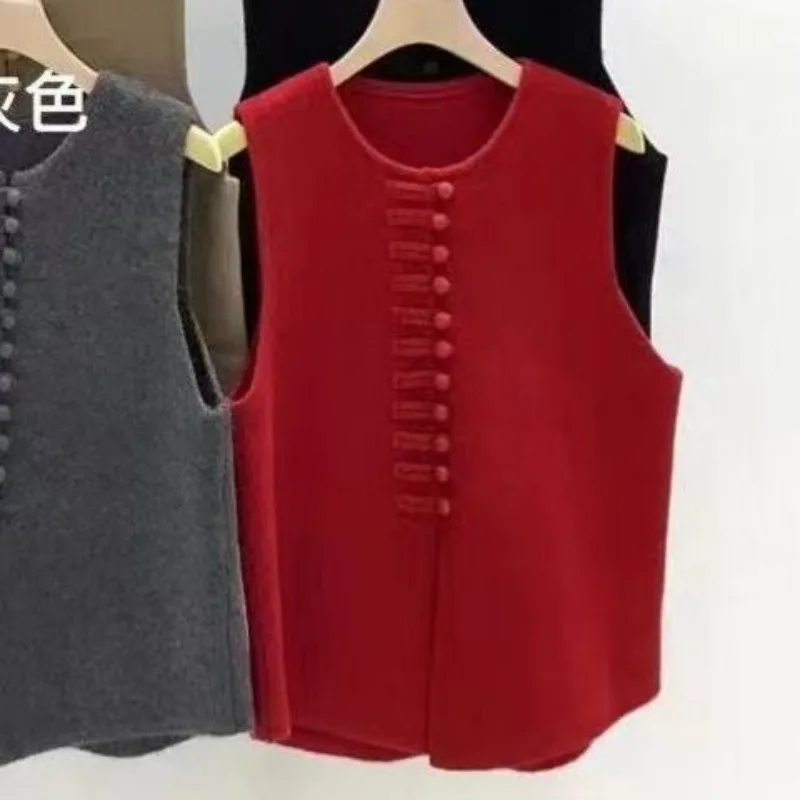 Women Chinese Style Vintage Minimalist Button Sweater Vest Autumn Winter Female Elegant Chic Sleeveless Loose Knitted Waistcoat