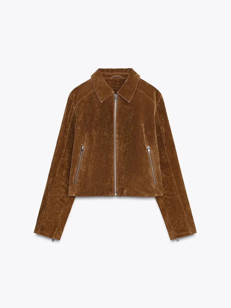 Faionable ort Leather Jaet Coat for Women Turn-down Collar Zipper New Arrival Autumn 2025 Ethnic Stage Costume