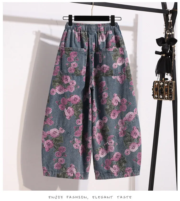 Women's Vintage Floral Print Denim Wide Leg Capri Pants, Loose Fit Summer Casual Streetwear Trousers