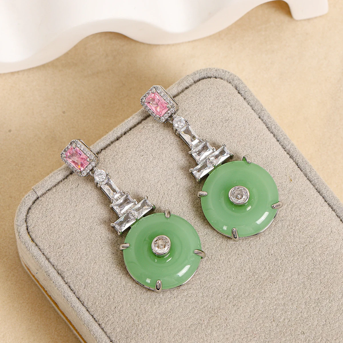 

Silver Tone Green Disc Drop Earrings with Pink & Clear Sparkling Rhinestone Accents for Women Daily Wear Party Jewelry