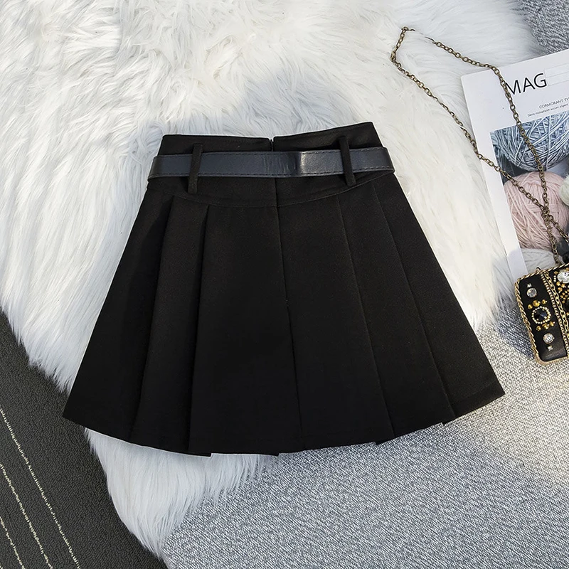 Vintage Woolen Mini Skirt Women with Belt Black Pleated Skirts Fall Winter Korean Preppy High Waist All Match A Line Skirt New