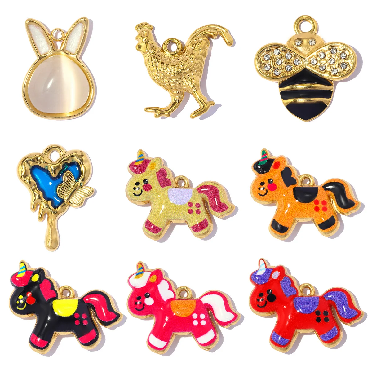 3pcs/Lot Stainless Steel Rocking Horse Rabbit DIY Charms Rhinestone Bee Rooster Necklace Pendants Woman Heart Jewelry Wholesale