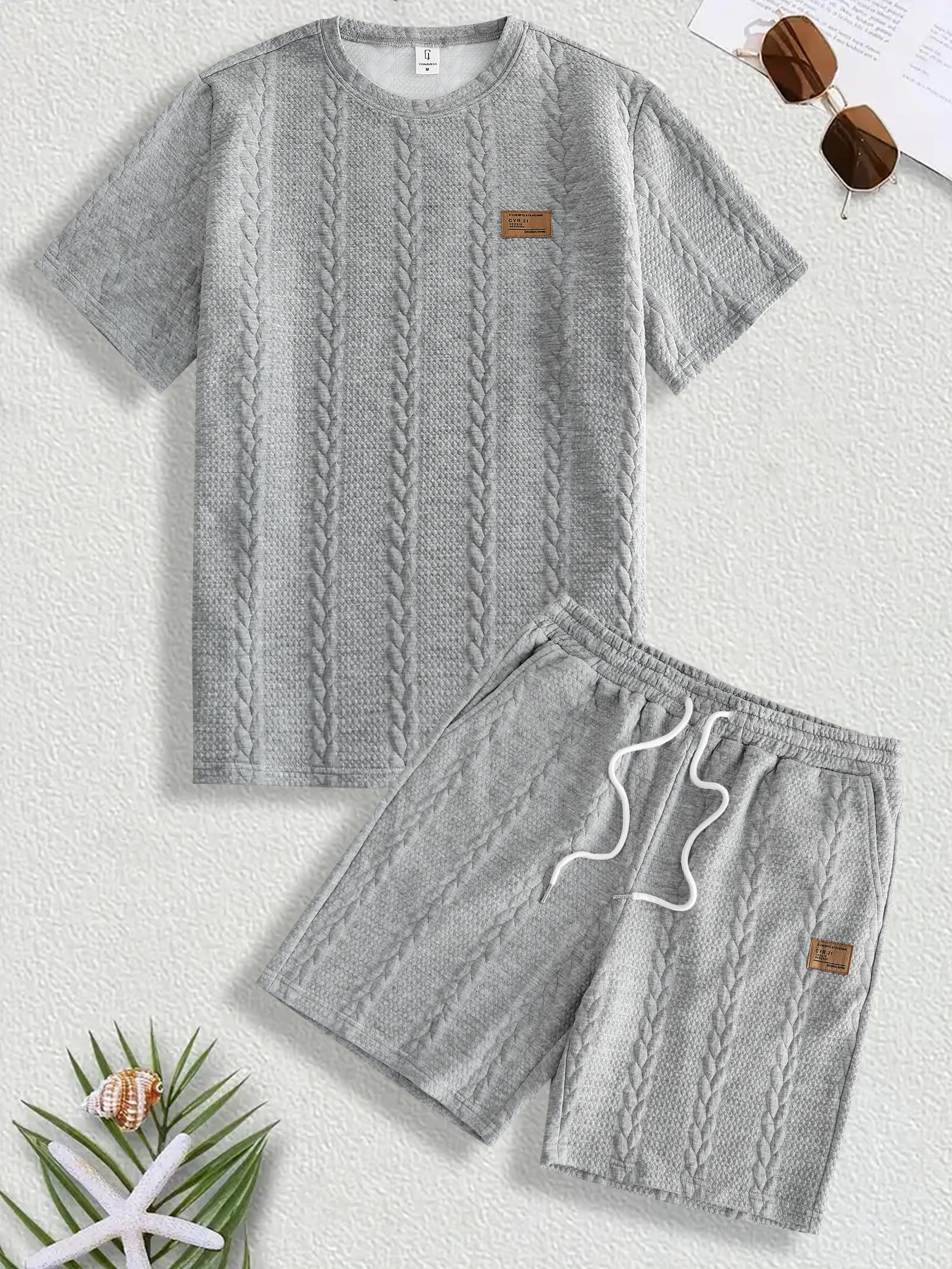 

Men's Summer Jacquard Texture Outfit, 3D Knit Tee & Loose Shorts, Breathable Sleepwear & Daily Wear