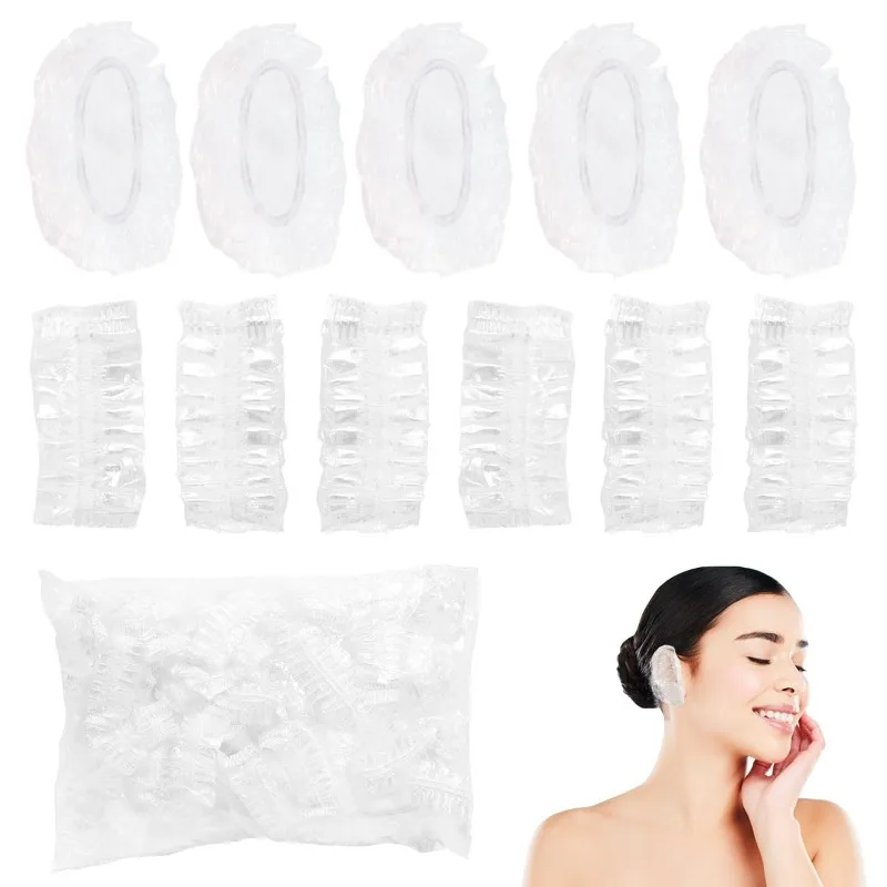 100PCS Disposable Hair Earmuff Dye Transparent Elastic Shower Hair Dye Protection Tool Shield Waterproof Earpack Plastic Wrap