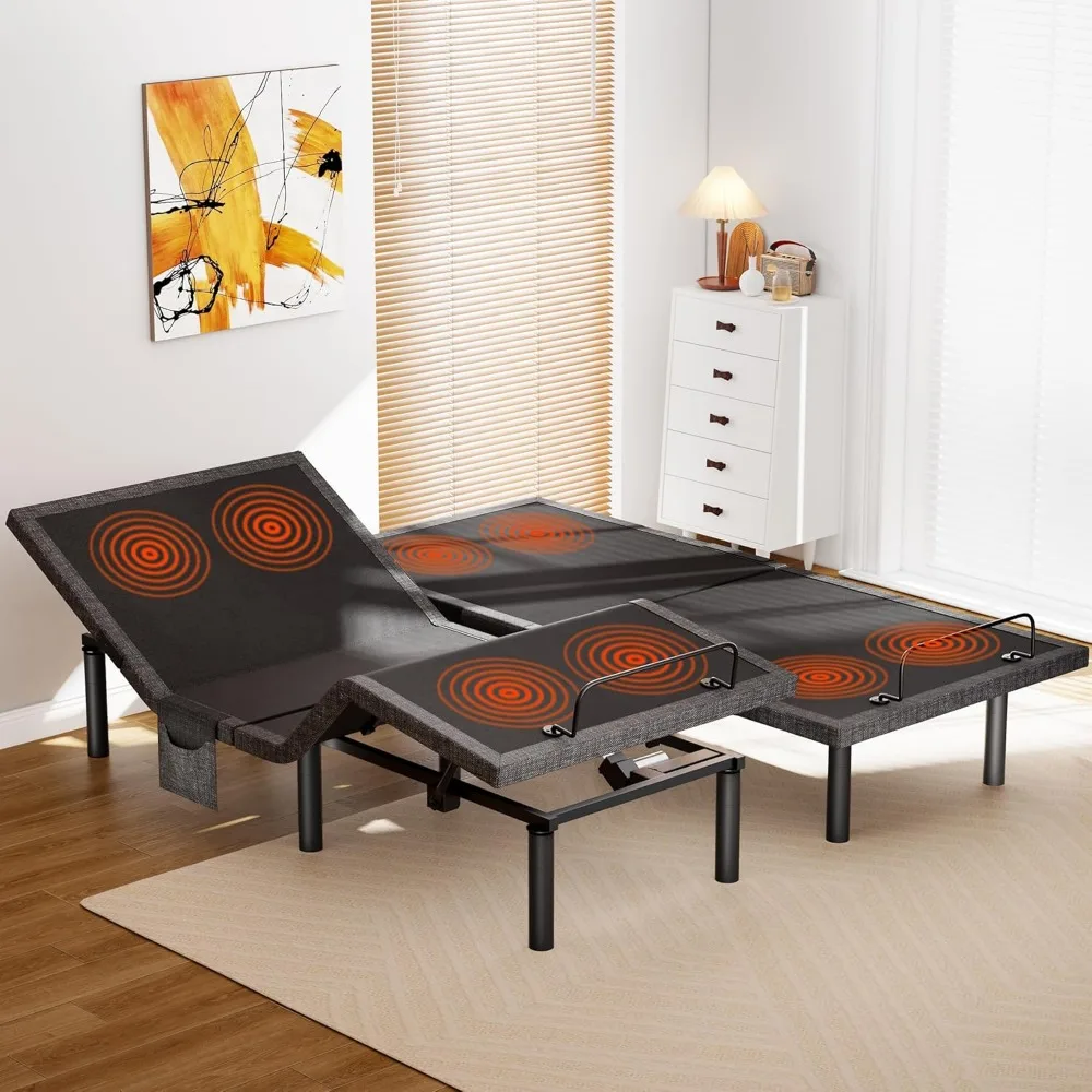Split King Electric Adjustable Bed Frame Massage Function USB Ports Nightlight Head Foot Incline Multi Height Bedroom Furniture