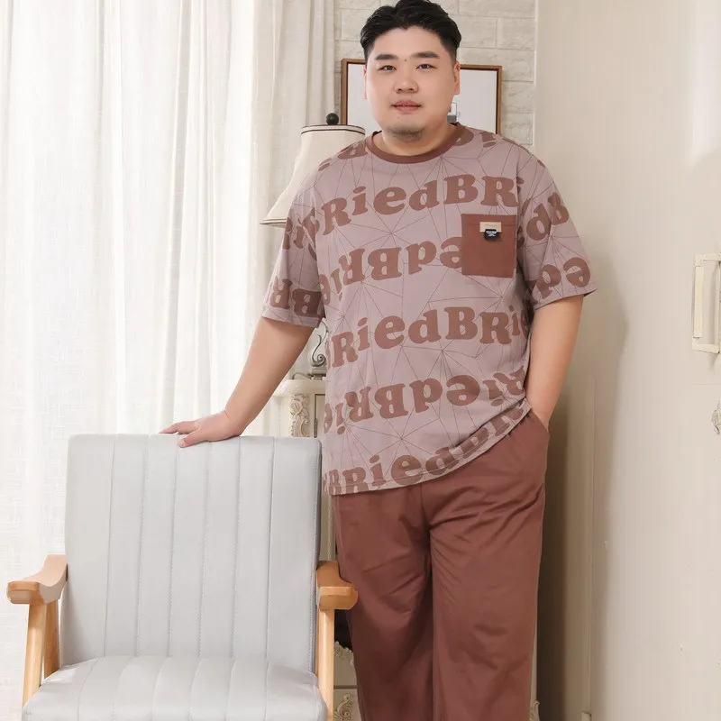 Plus Size 140KG 5XL fashion 100% cotton pajamas sets men O-neck short sleeves Trousers soft Sleepwear men pyjamas 1901