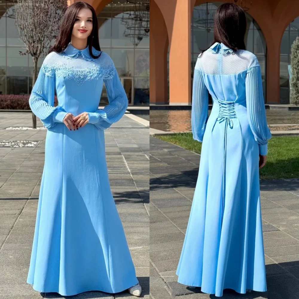 Gaun Panjang Kerah Tinggi Model Terompet dengan Pola Lipit Bunga Jersey Gaya Cina Khusus untuk Acara Retro Pesanan Khusus