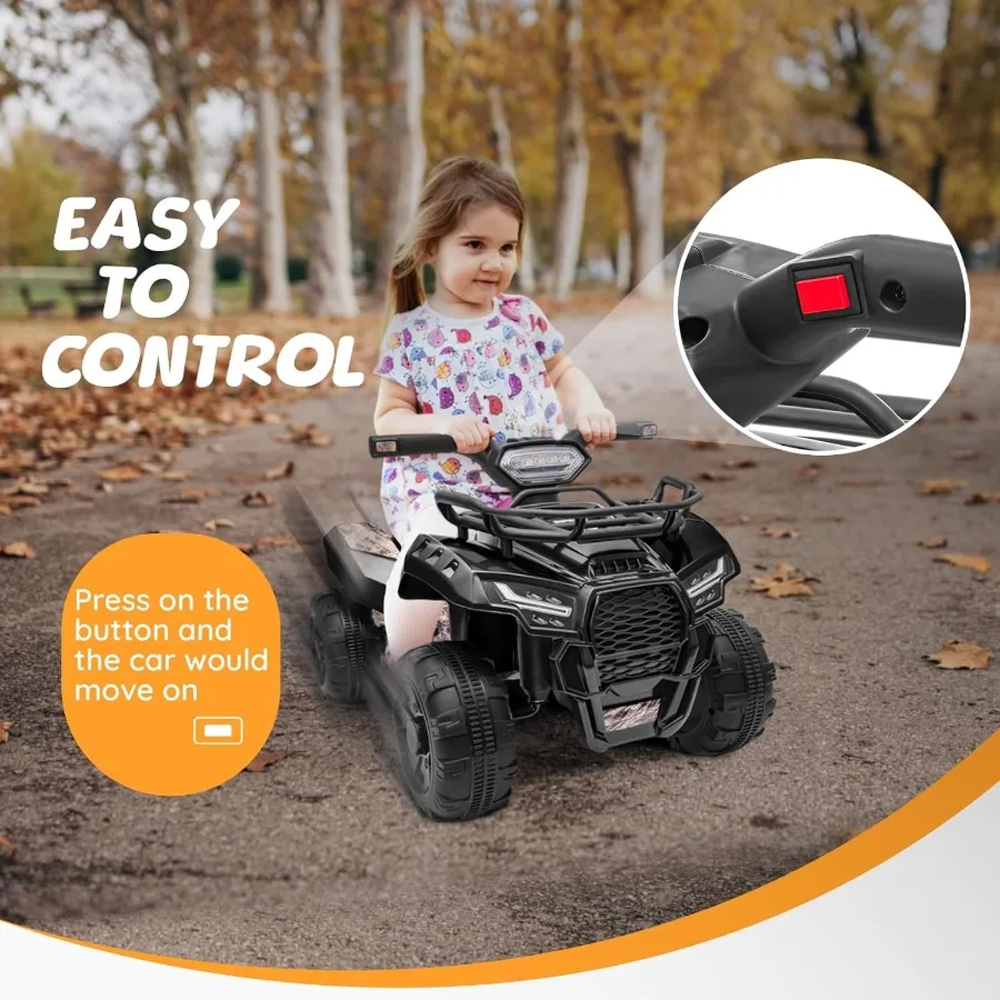 ATV para niños pequeños con batería de 6 V, 4 ruedas con luz musical, velocidad máxima de 1,2 mph, ATV de 4 ruedas para niños pequeños de 1,5 a 3 años, color negro