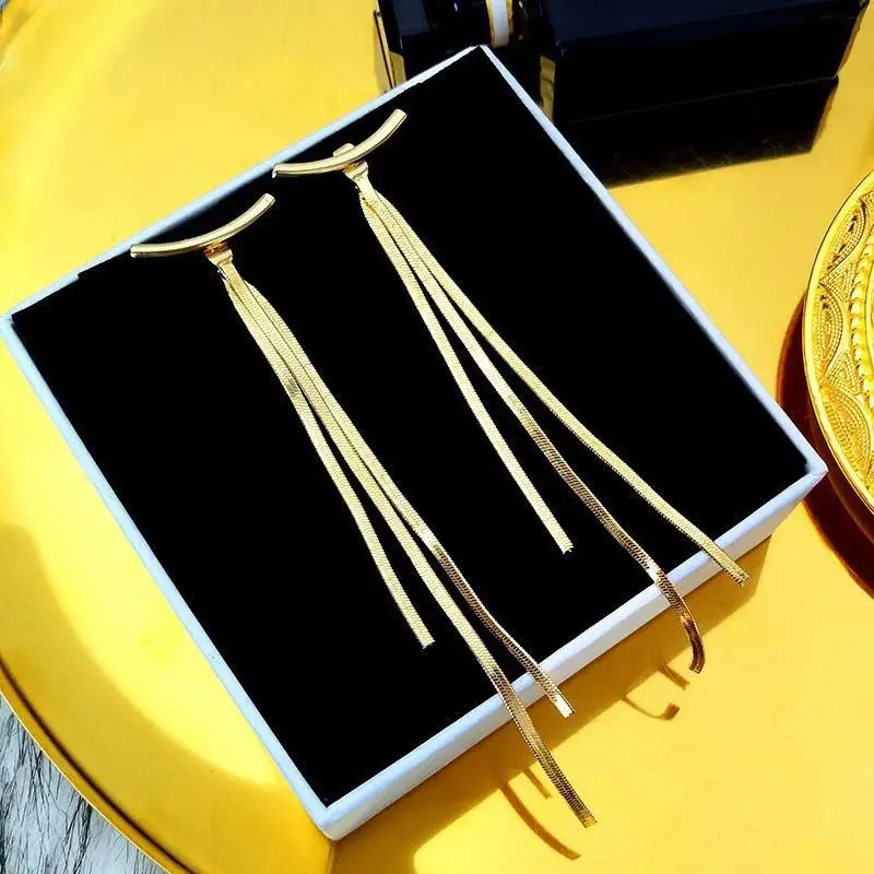 Stainless Steel Gold Color Bar Long Thread Tassel Drop Earrings for Women Glossy Vintage Earrings Fashion Jewelry