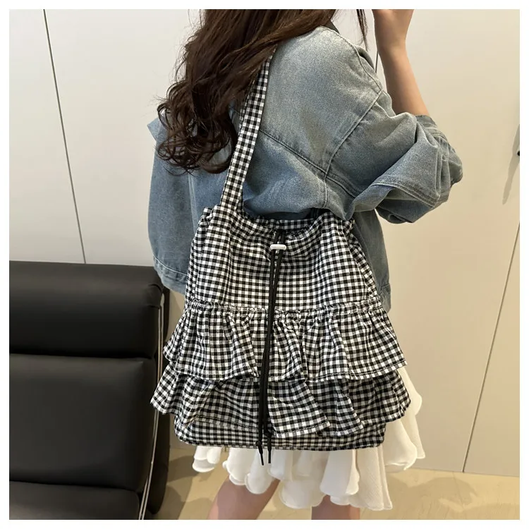 

Симпатичная сумка-тоут в клетку в стиле преппи, большая вместительная сумка на шнурке, простая универсальная сумка на плечо для женщин, для поездок на работу