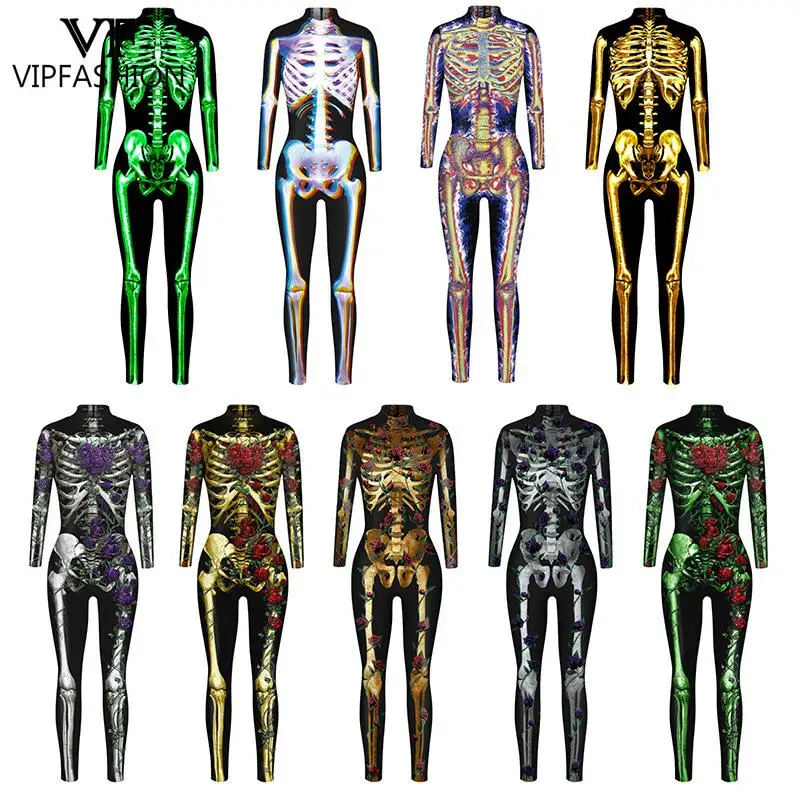 

VIP FASHION Halloween Israel Purim Carnival Skeleton Rose 3D Printed Cosplay Costume Femme Bodysuit Adult Clothing