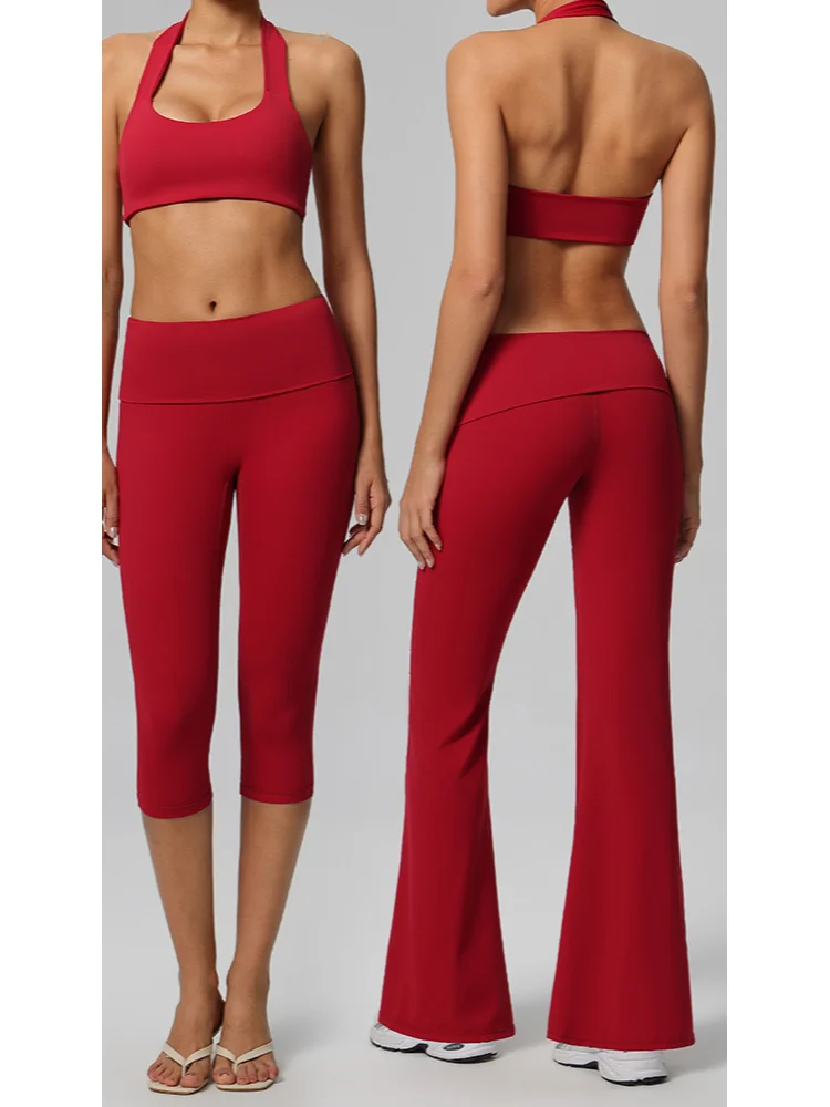 DINGPAI Women 2 Piece Yoga Set Halter Sports Bra High Waist Flared Leggings Workout Gym Fitness Activewear Training Outfit Set