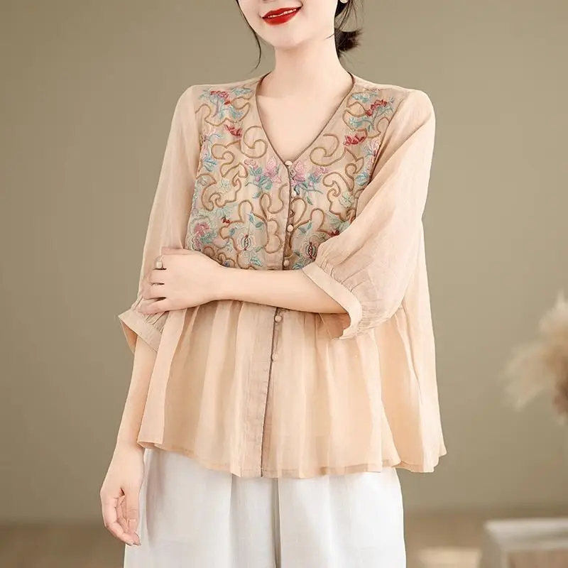 

Винтажная льняная хлопковая блузка с вышивкой, свободного кроя, с рукавом до локтя, в стиле бохо, для лета, офиса и повседневной носки