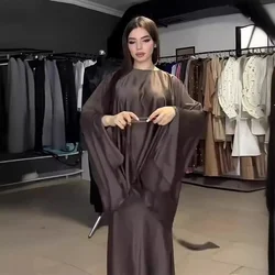 Batwing Butterfly Sleeve Satin Dress for Women Khimar Abaya Dubai Muslim Dress Womne Kaftan Lace-up Abayas Caftan Femme Vestidos