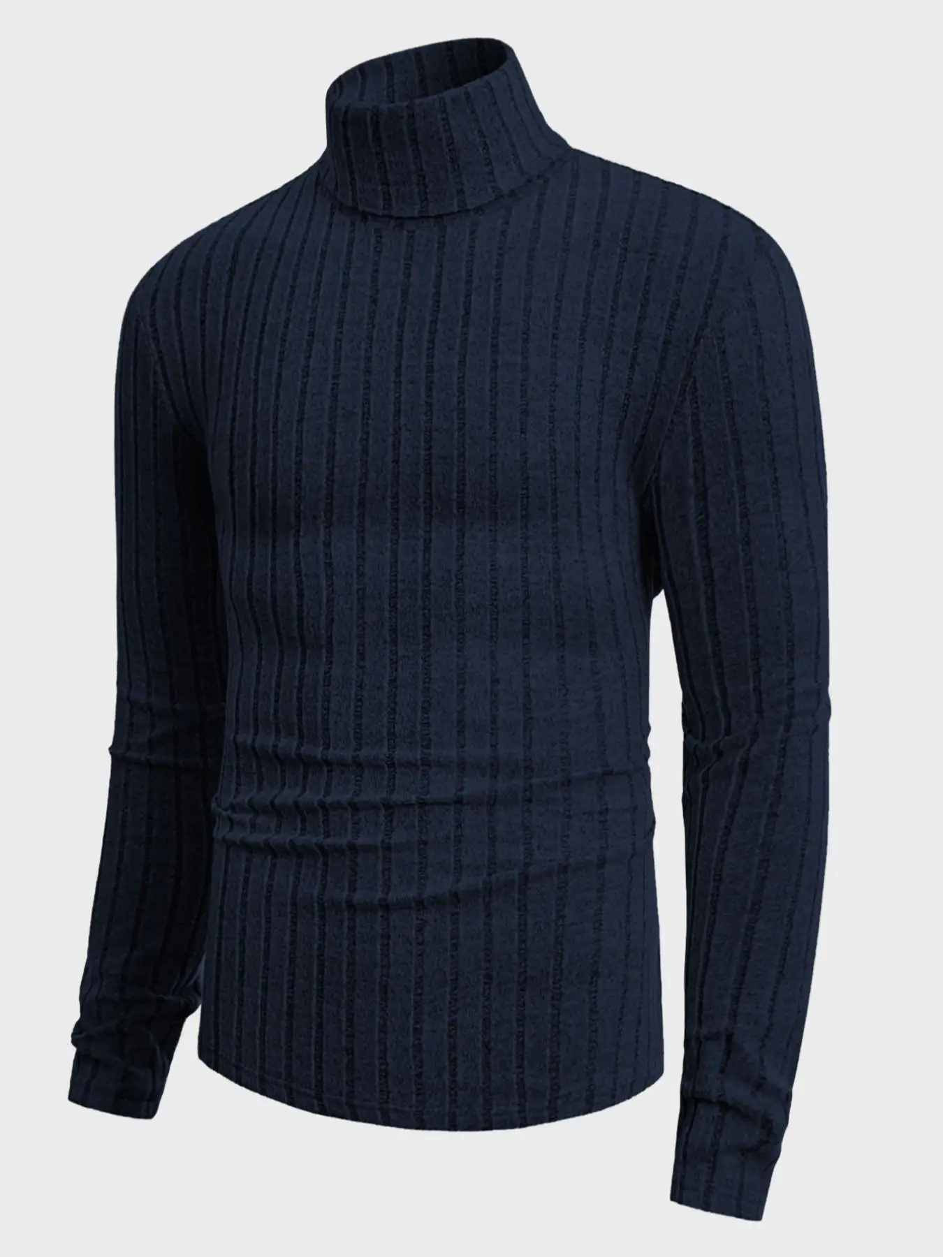 Herren Rollkragenpullover mit Langen Ärmeln, Vertikal Gestreift, Schlanke Passform, Gerippter Strickpullover, Lässiger Stretch-Unterzieher – Detail 31