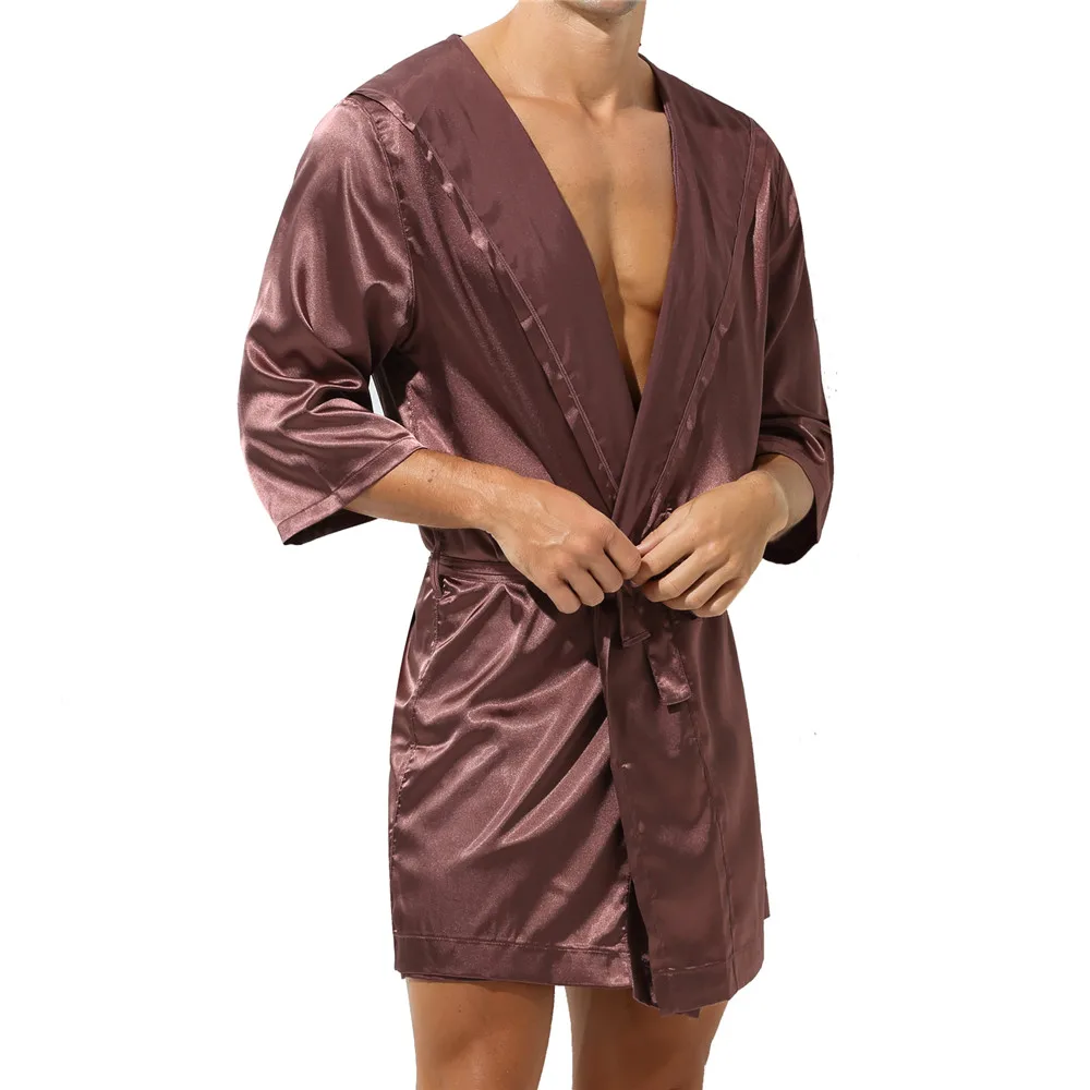 

Men's Hooded Bathrobe Short Sleeve Couple Pajama Bath Robe Summer Silk Satin Nightgown Kimono Loose Bathrobe Sexy Sleepwear