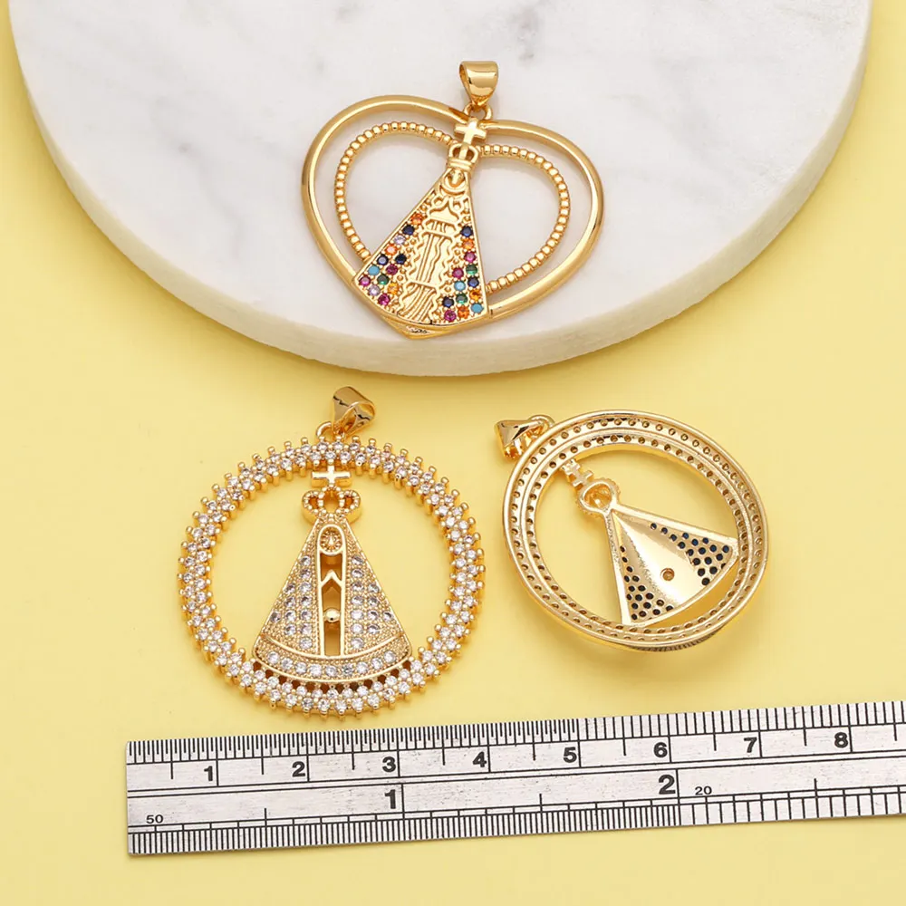OCESRIO White Crystal Big Our Lady of Aparecida Pendant for Necklaces Copper Gold Plated Jewelry Making Component pdtb532
