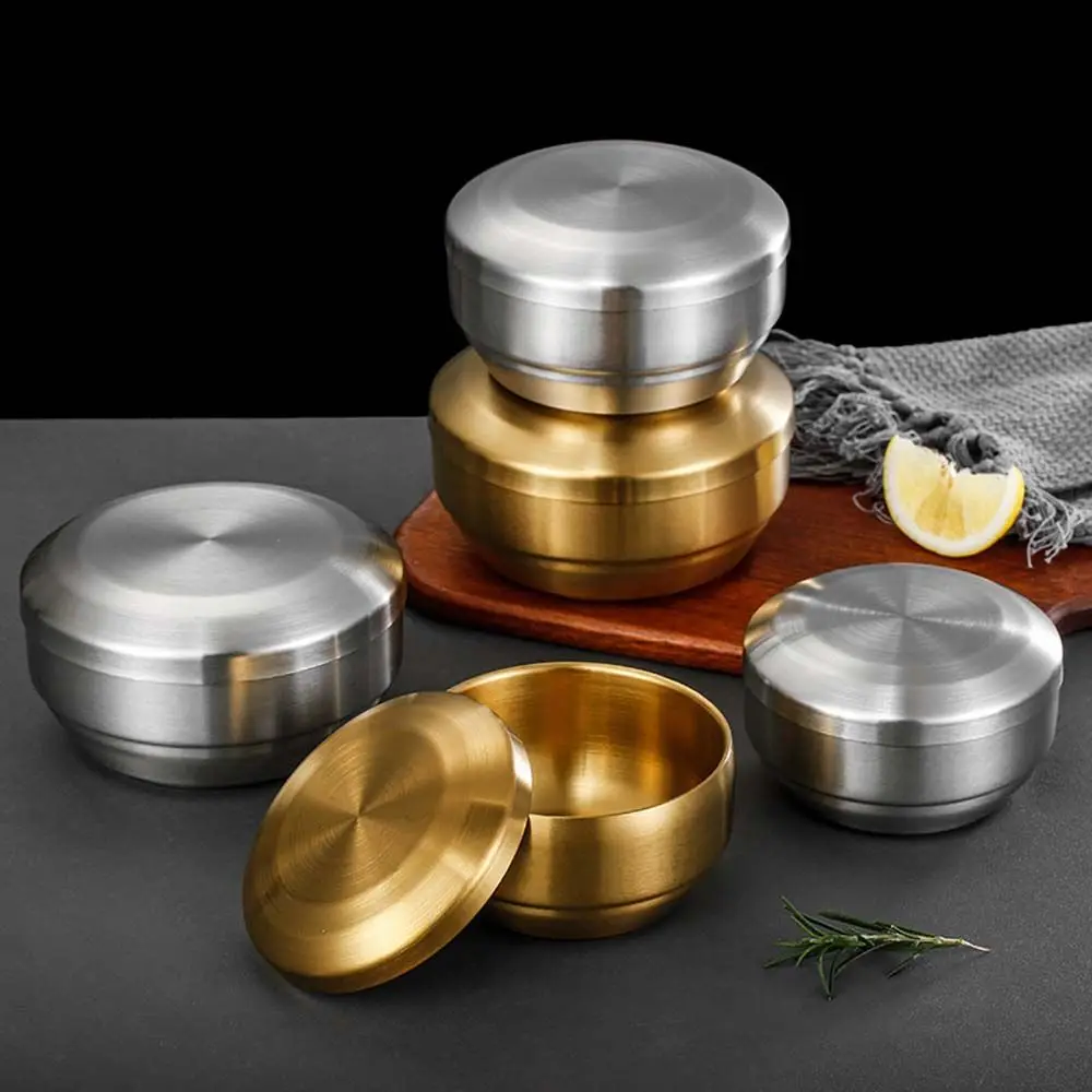 حاوية ذهبية وفضية للمطبخ الكوري 304 من الفولاذ المقاوم للصدأ على البخار مع غطاء أوعية الحبوب وعاء الحساء وعاء الأرز المزدوج أوعية خلط
