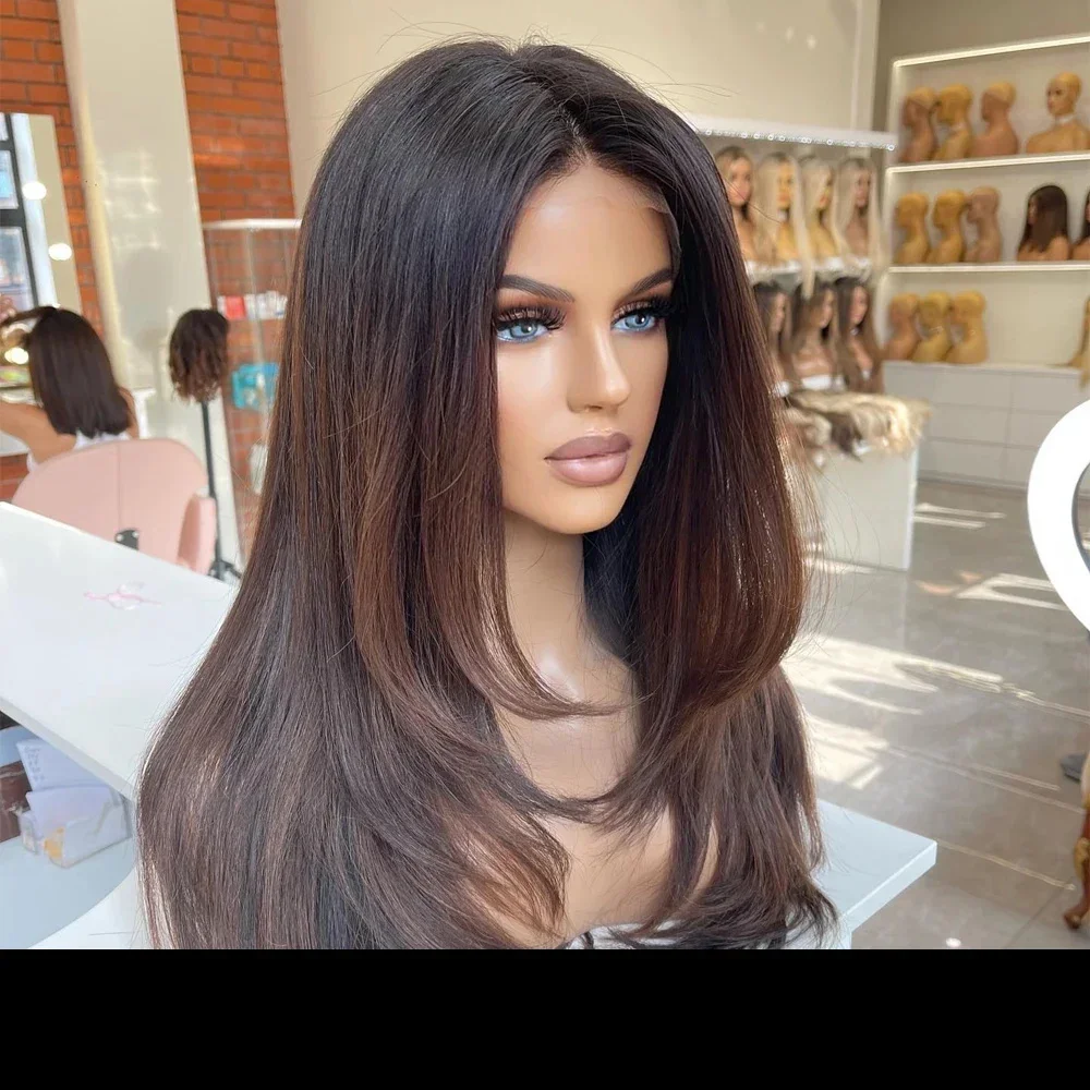 Weiche 180Density 26 Zoll Ombre Brown Straight Long Lace Front Perücke für schwarze Frauen Babyhaar vorgezupft natürlicher Haaransatz leimlos