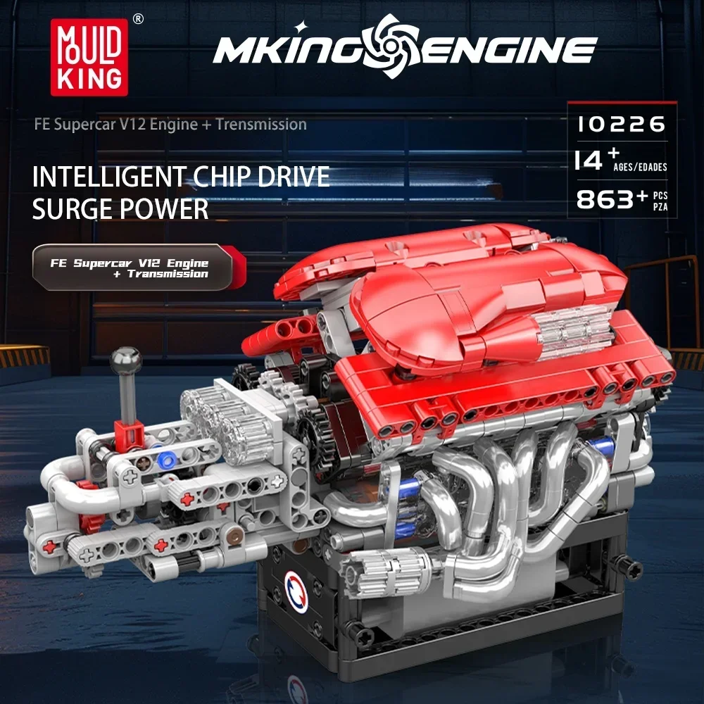 Mould King 10226 FE Supercar V12 Engine Model 863pcs Advanced Engineering Building Blocks with Functional Transmission System