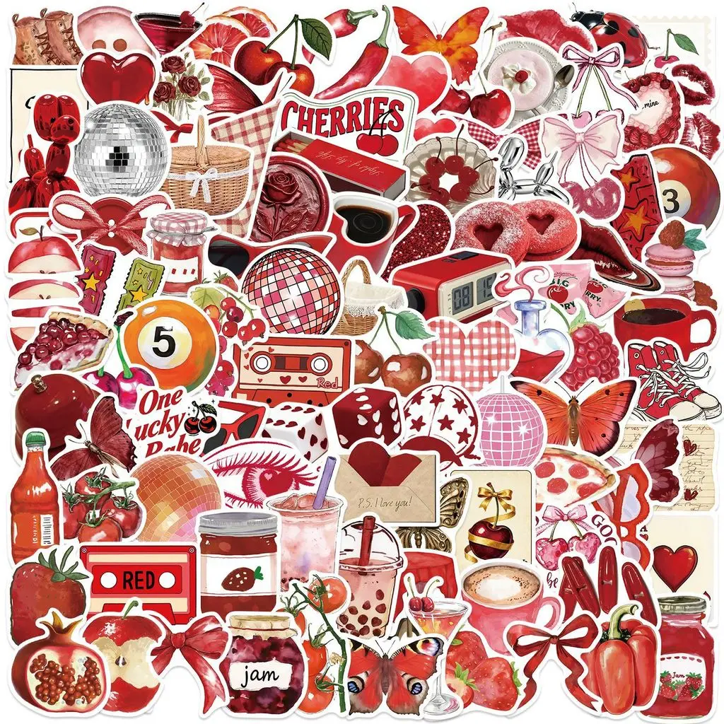 100 Stück Rote Kirschmädchen Retro Ästhetische Graffiti-Aufkleber Wasserdichte PVC-Sticker für Gitarre Golden Memory Stickers Store