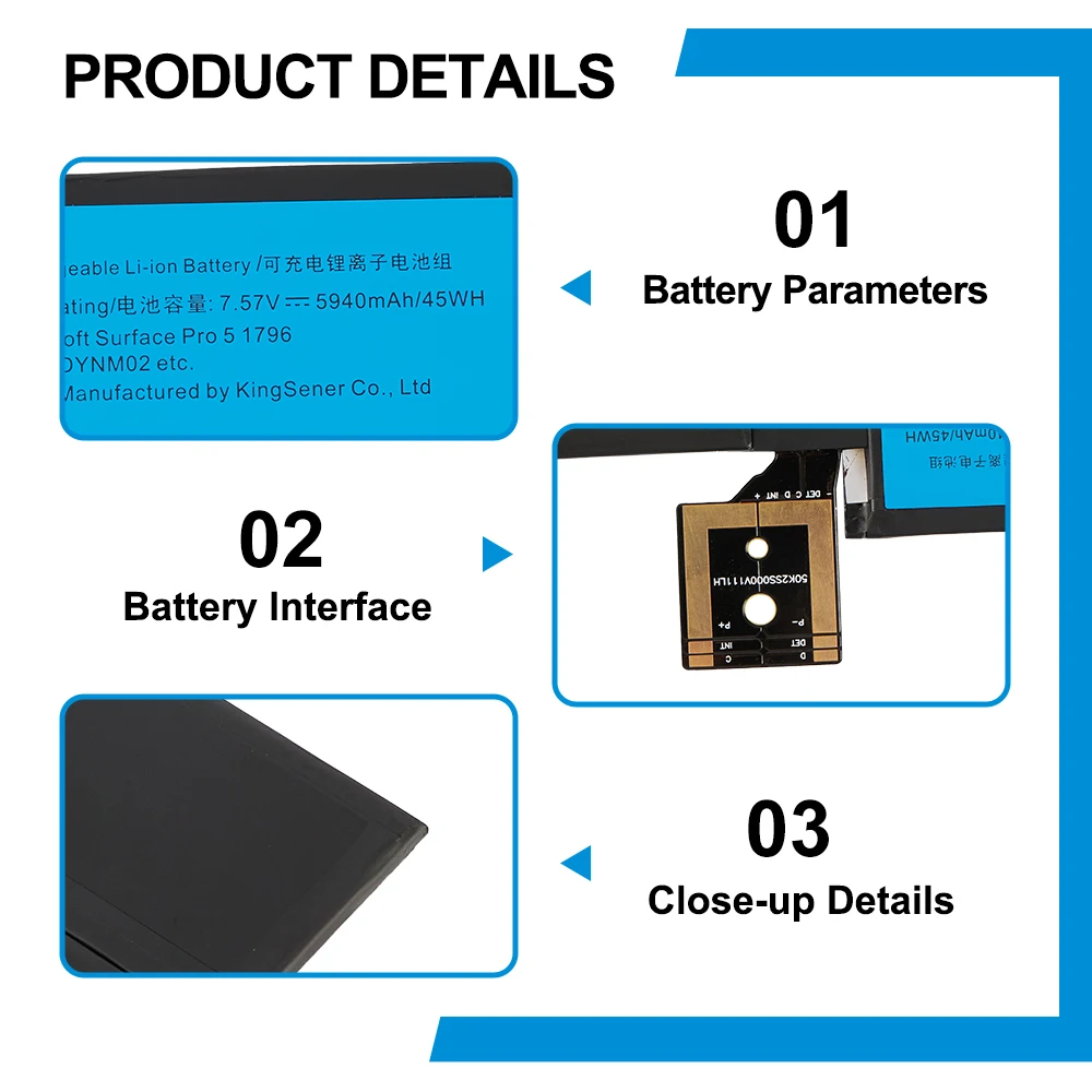 KingSener-Batterie pour ordinateur portable, pour Microsoft Surface Pro 5 1796,Pro 6 1807 1809 12.3 série tablette 7.57V 5940mAh, DYNM02 G3HTA038H