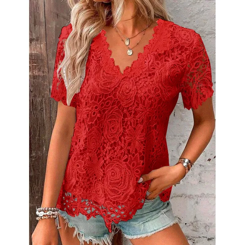 Summer Women\'s 2024 New Pullover V-neck Spliced Lace Hollow Out Jacquard Slim Fit Solid Color Fashion Elegant Short Sleeved Tops