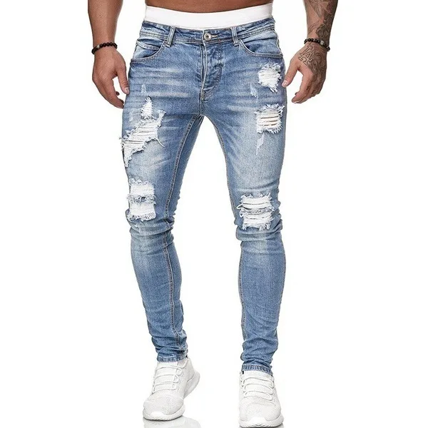 Ripped Mid Waist Slim Fit Men Jeans Vintage Denim Wash Solid Punk Style Skinny Pencil Pants Distressed Holes Ankle Length