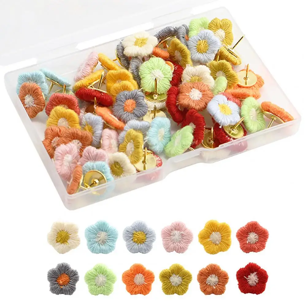 Cute Flower Push Pins Colorful Embroidery Flower Pushpins for Office Home Decor 60pcs Thumbtacks for Whiteboard Bulletin Board