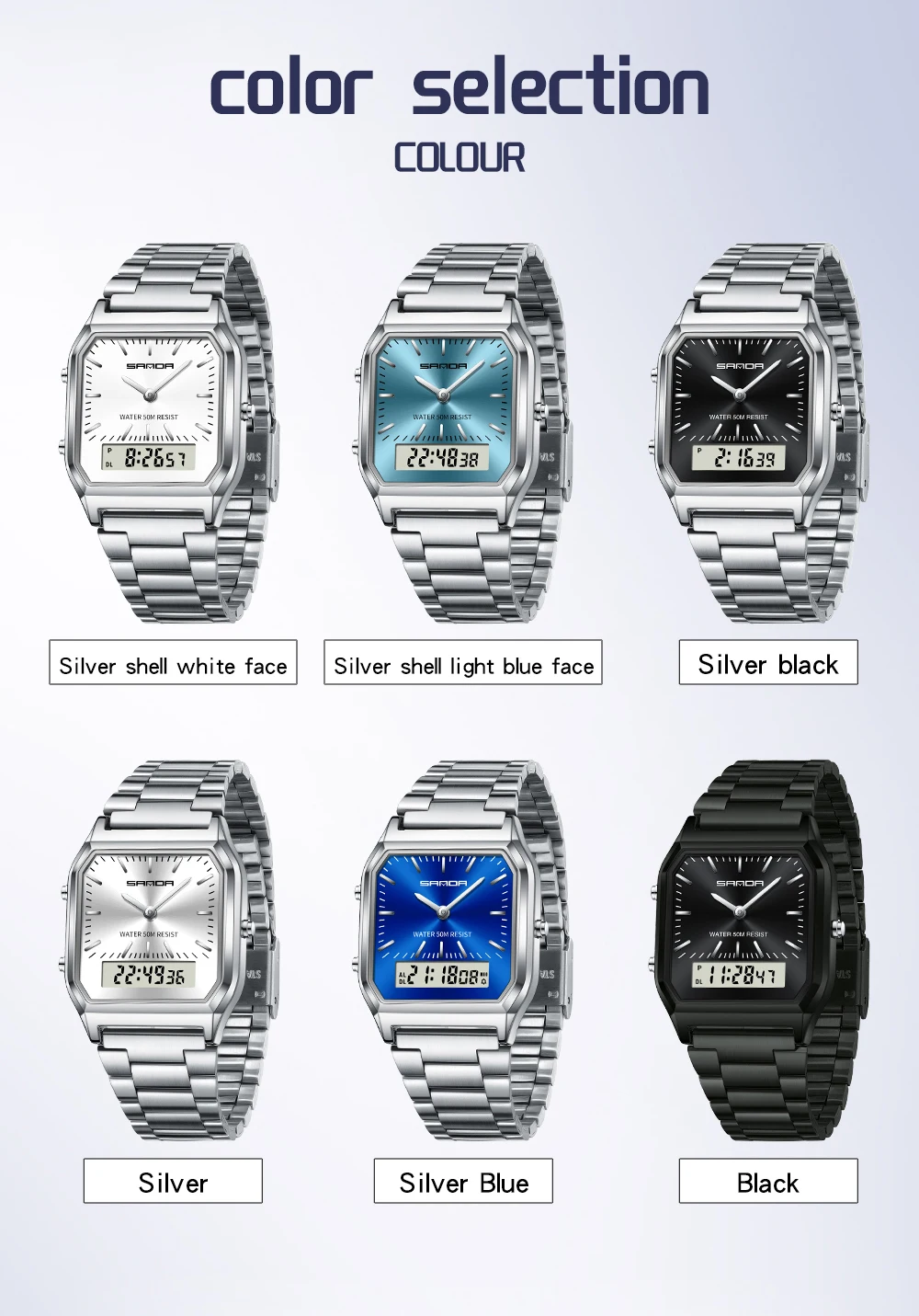 SANDA 747 Dual Display Clock Unisex Waterproof Sports Quartz Watch Luxury Mens Style Watches Stainless Steel Women LED Digital