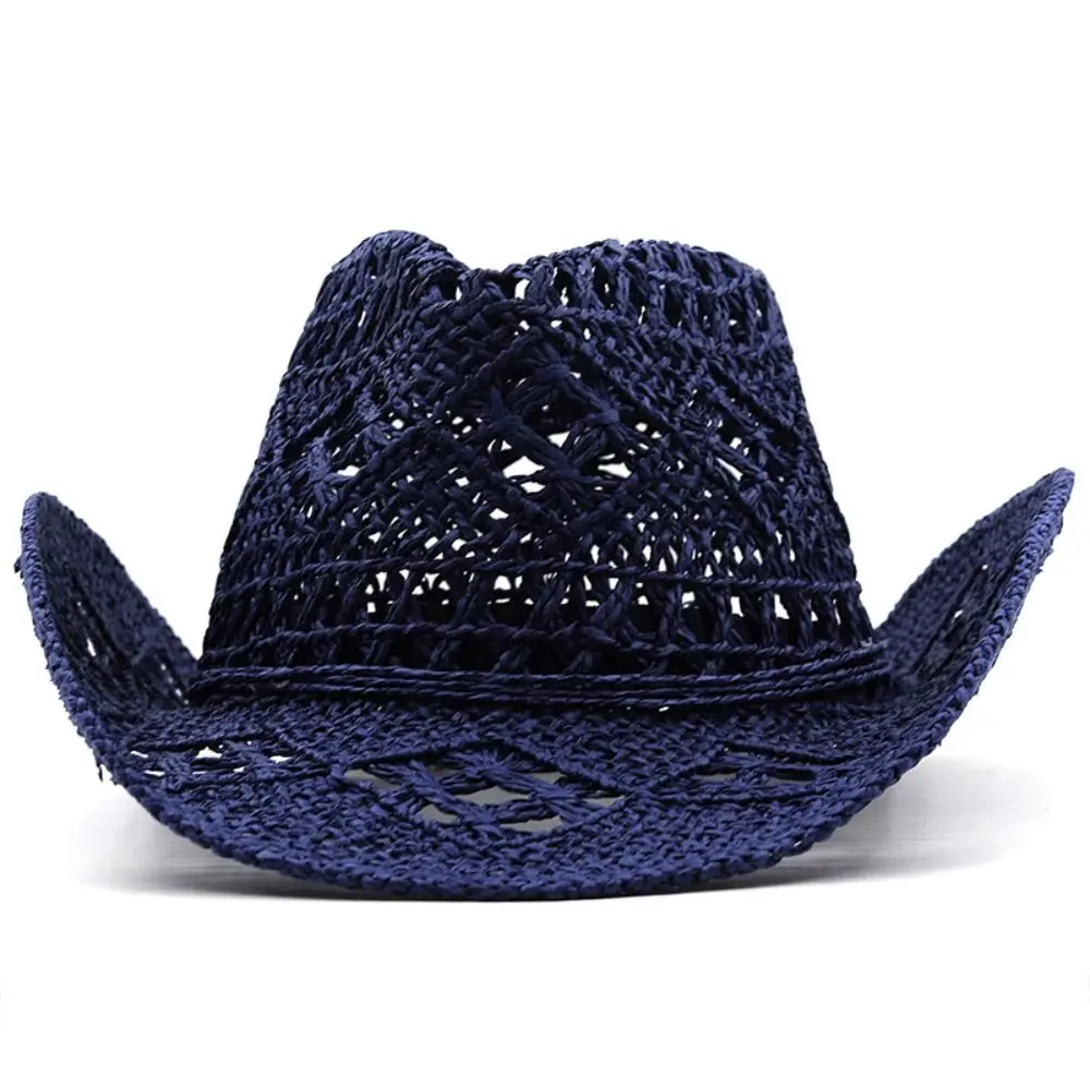 Classic Wide Brim Hollow Straw Hat Curled Handmade Western Cowboy Cap Woven Sunscreen Sun Hat Sport