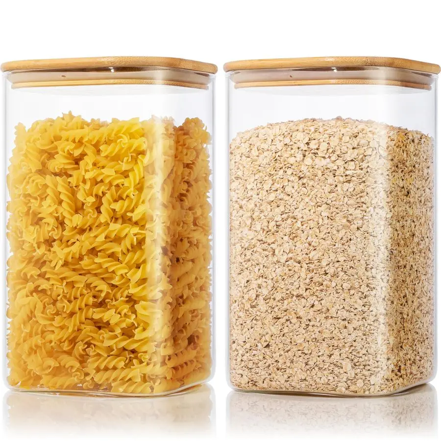 

Большие квадратные стеклянные контейнеры для муки и сахара с герметичными крышками, 2 стеклянные банки по 168 унций с бамбуковыми крышками, герметичные.