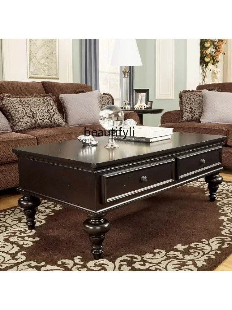 American-Style Solid Wood Coffee Table  Living Room Black Square Lifting with Drawer Storage Simple Coffee Table Customization