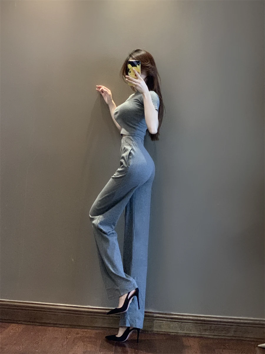 WOMENGAGA Two Piece Suit Pants Set Slim Turtleneck T-shirt Tees +casual Cotton Wide Leg Pants Trousers Autumn Basics Set S7DO