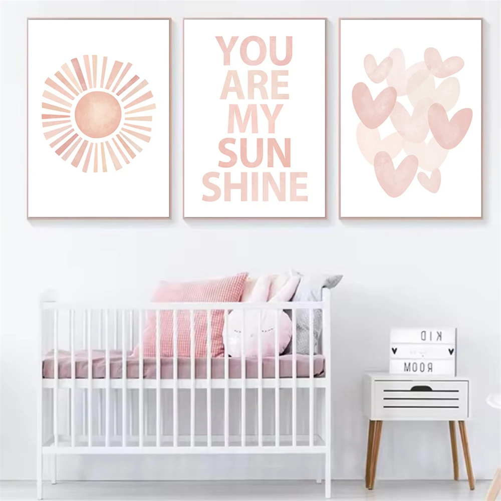 （Unframe 3PCS）-You Are My Sunshine Quote Nursery Art Prints Pink Cartoon Hearts Sun Canvas Painting Poster Nordic Wall Pictur